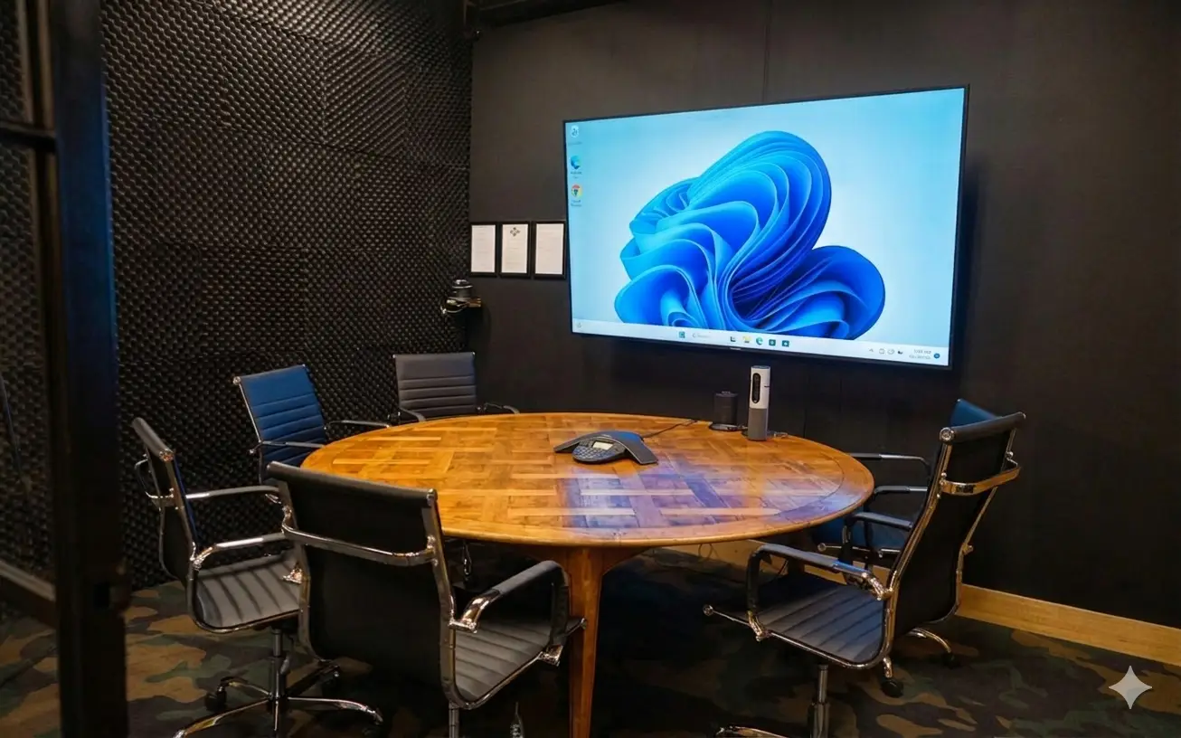 Private meeting room with round wooden conference table, black executive chairs, large digital presentation screen, and soundproof acoustic walls for business collaboration.