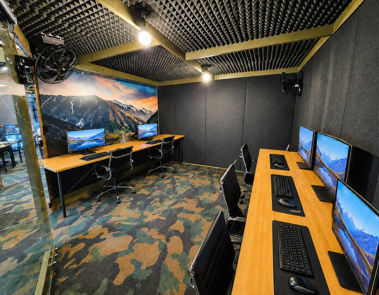 Contemporary coworking office space with multiple desktop workstations, acoustic foam ceiling, and ergonomic office chairs in a modern workspace.