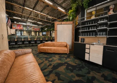 Breakout lounge and kitchenette within the DeskPlex corporate headquarters in Hawthorn, offering larger teams an informal space to relax, collaborate and recharge alongside their dedicated private office workspace.