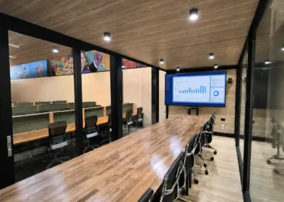 Private meeting room within the DeskPlex Executive Headquarters in Hawthorn, featuring a large boardroom table, seating and presentation screen for team meetings, presentations and executive discussions