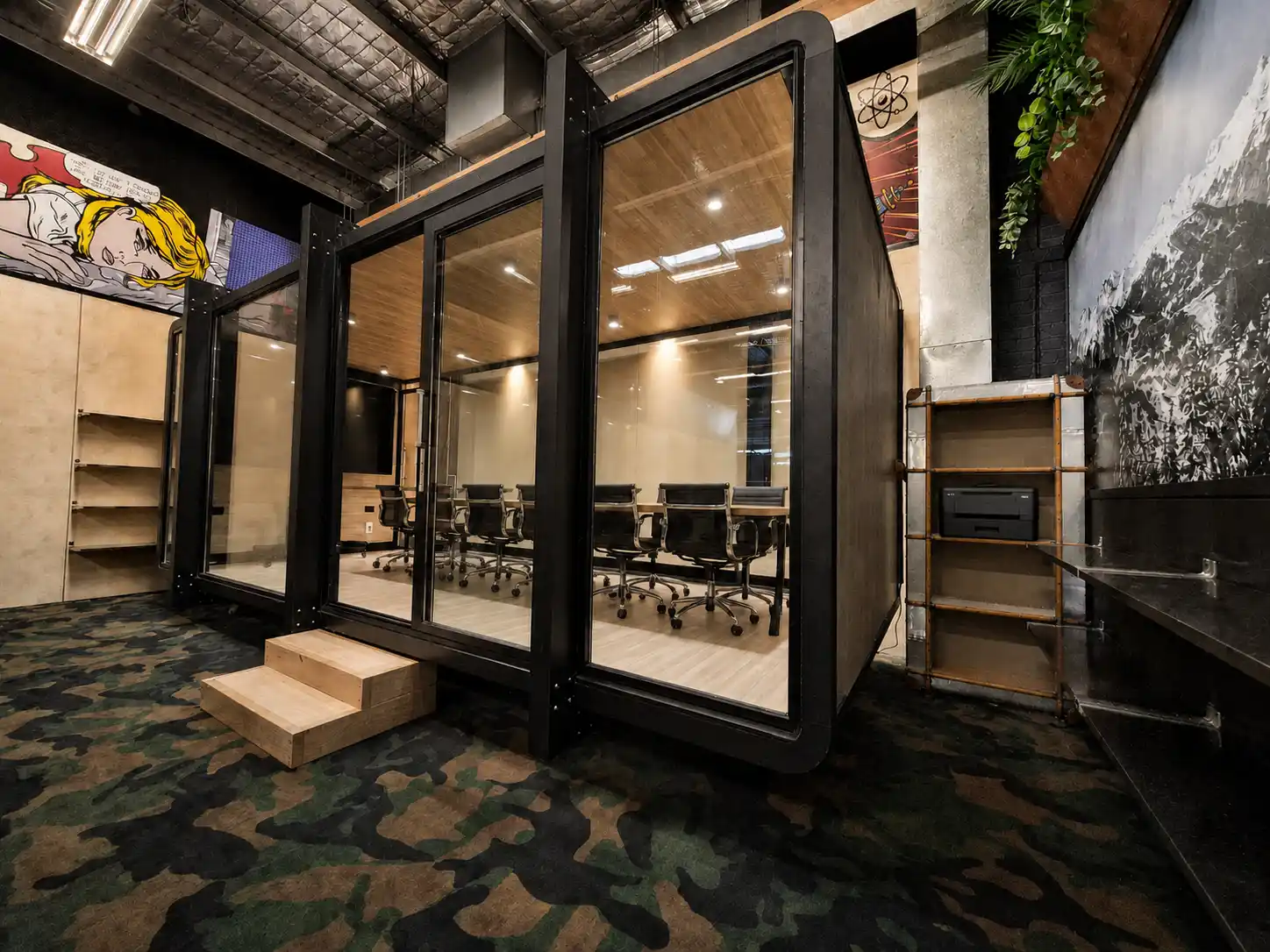 Glass-enclosed private meeting room within the DeskPlex Executive Headquarters, giving larger businesses a dedicated professional meeting space as part of their private Hawthorn office.