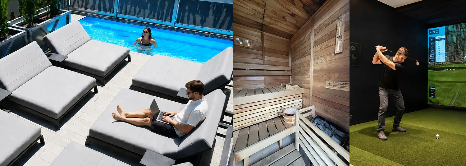 Premium member amenities at DeskPlex Hawthorn including the outdoor pool and deck, on-site sauna and indoor golf simulator, giving members more ways to relax, recharge and take a break from the workday alongside DeskPlex’s coworking, private office and meeting facilities.