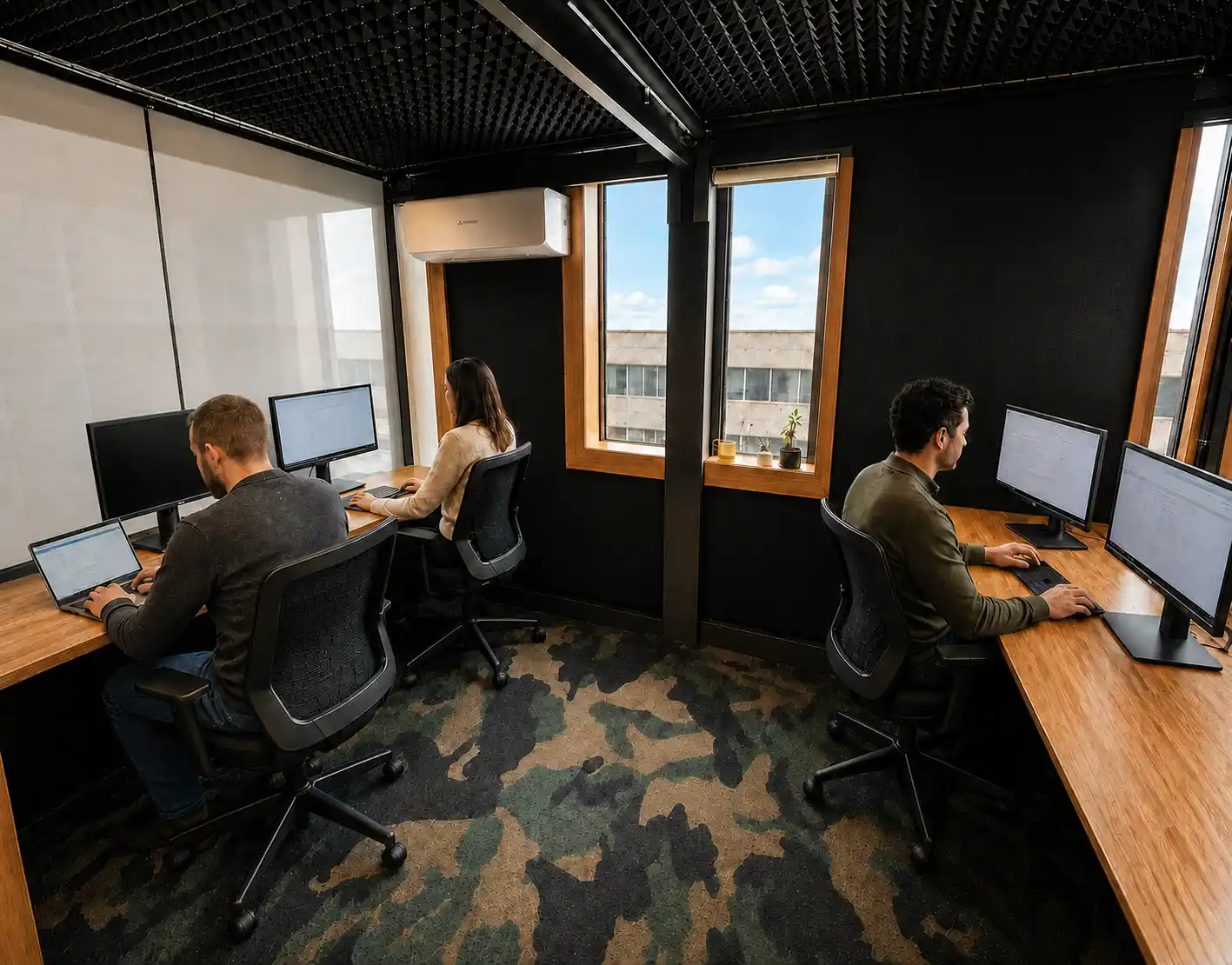 Private office at DeskPlex Hawthorn with furnished workstations, monitors and natural light