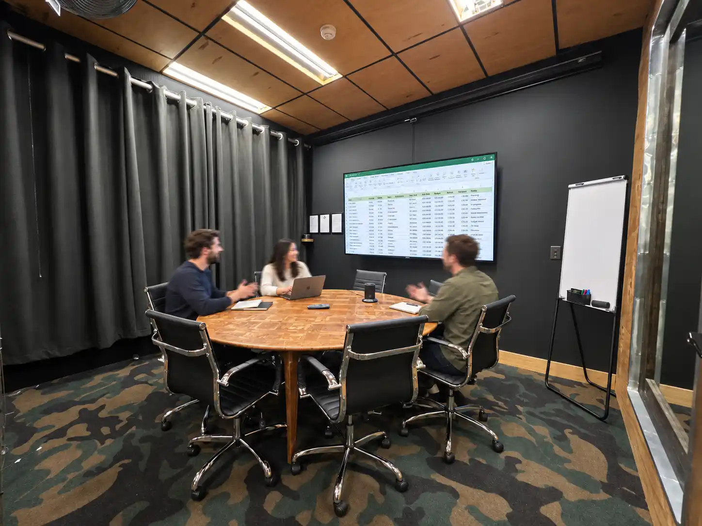 Private meeting room at DeskPlex Hawthorn with a round conference table, large display screen and whiteboard, ideal for team discussions, planning sessions and client meetings.